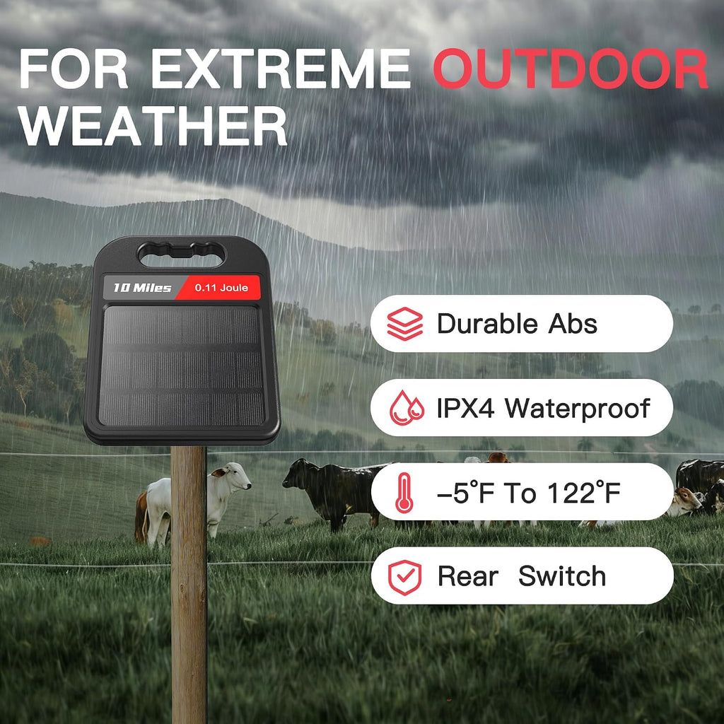 10 Mile Solar Fence Charger 0.11J Electric Fence Energizer with Day Night Mode 24-Hour Protection Black