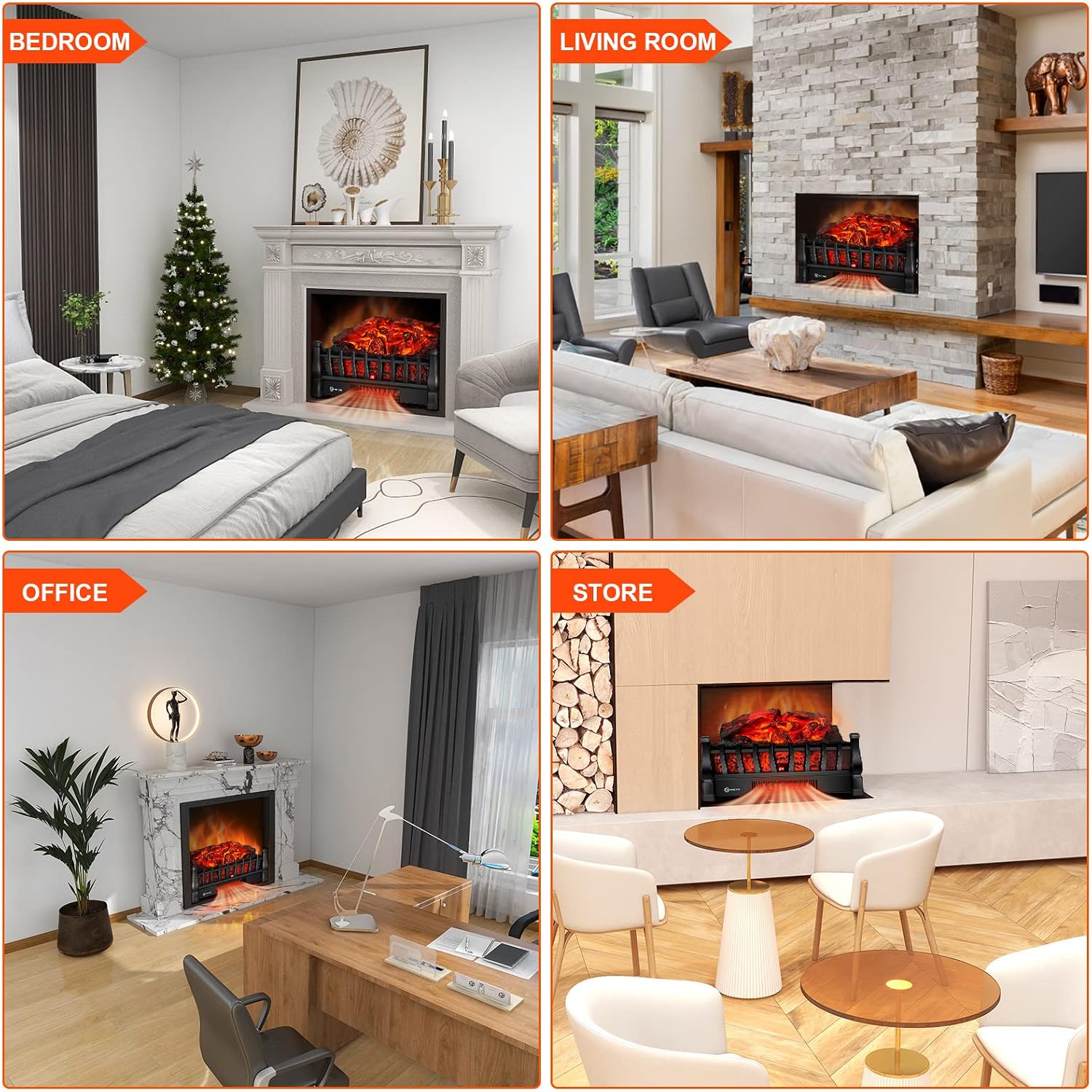Electric Fireplace Logs Inserts Heater with Remote Control for Home Decor | 5 Flame Brightness, 24H Timer