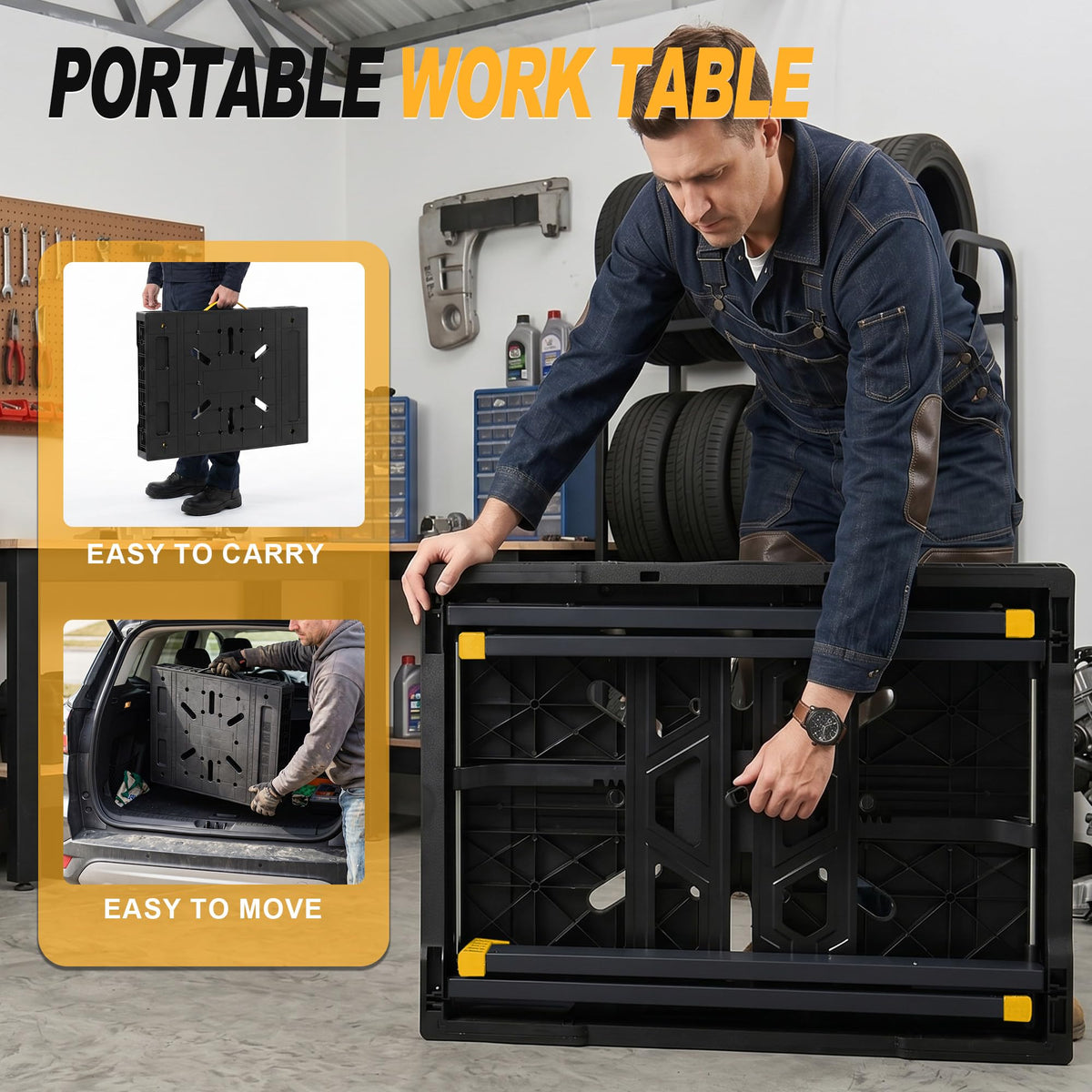 Portable Work Table, 1650lbs Capacity, Folding Work Bench, Yellow