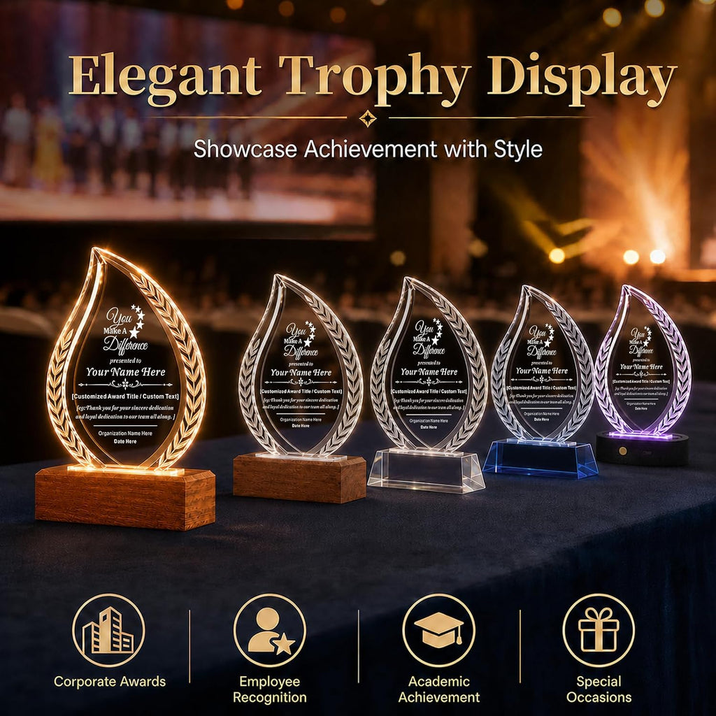 SHIP NEXT DAY, Custom Crystal Trophy Award, Engraved Plaque with LED Base