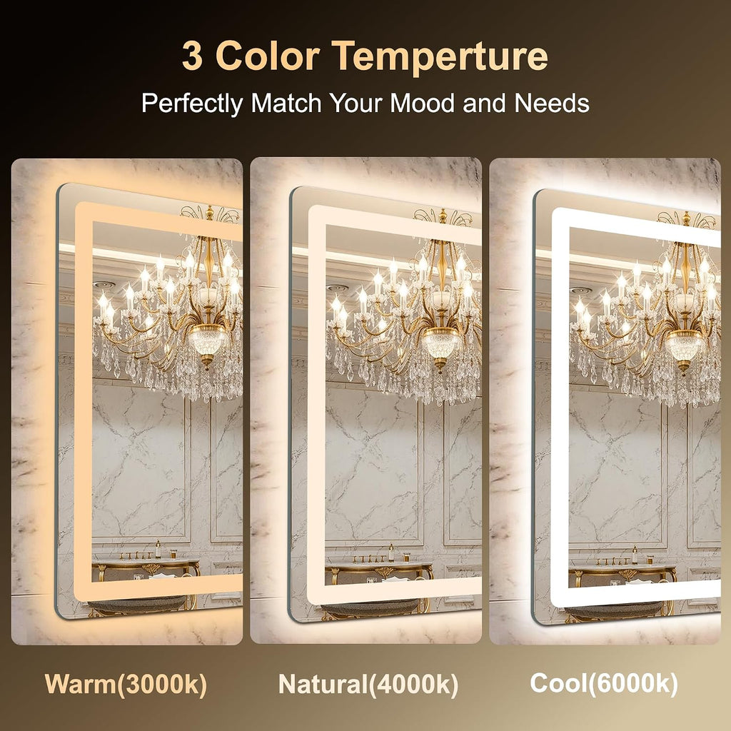 LED Bathroom Mirror, 55"x30" Bathroom Vanity Mirror with Lights | Smart Anti-Fog, Dimmable, 3 Color Modes