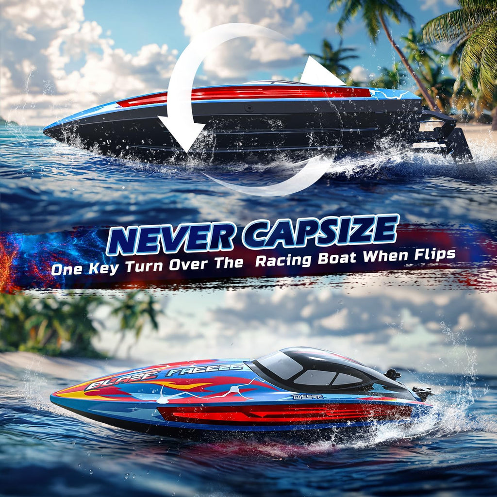 Fast RC Boat for Pool & Lake, 20+MPH, 40+ Mins, 7 LED Light Modes | Self Righting Remote Control Racing Speed Boat