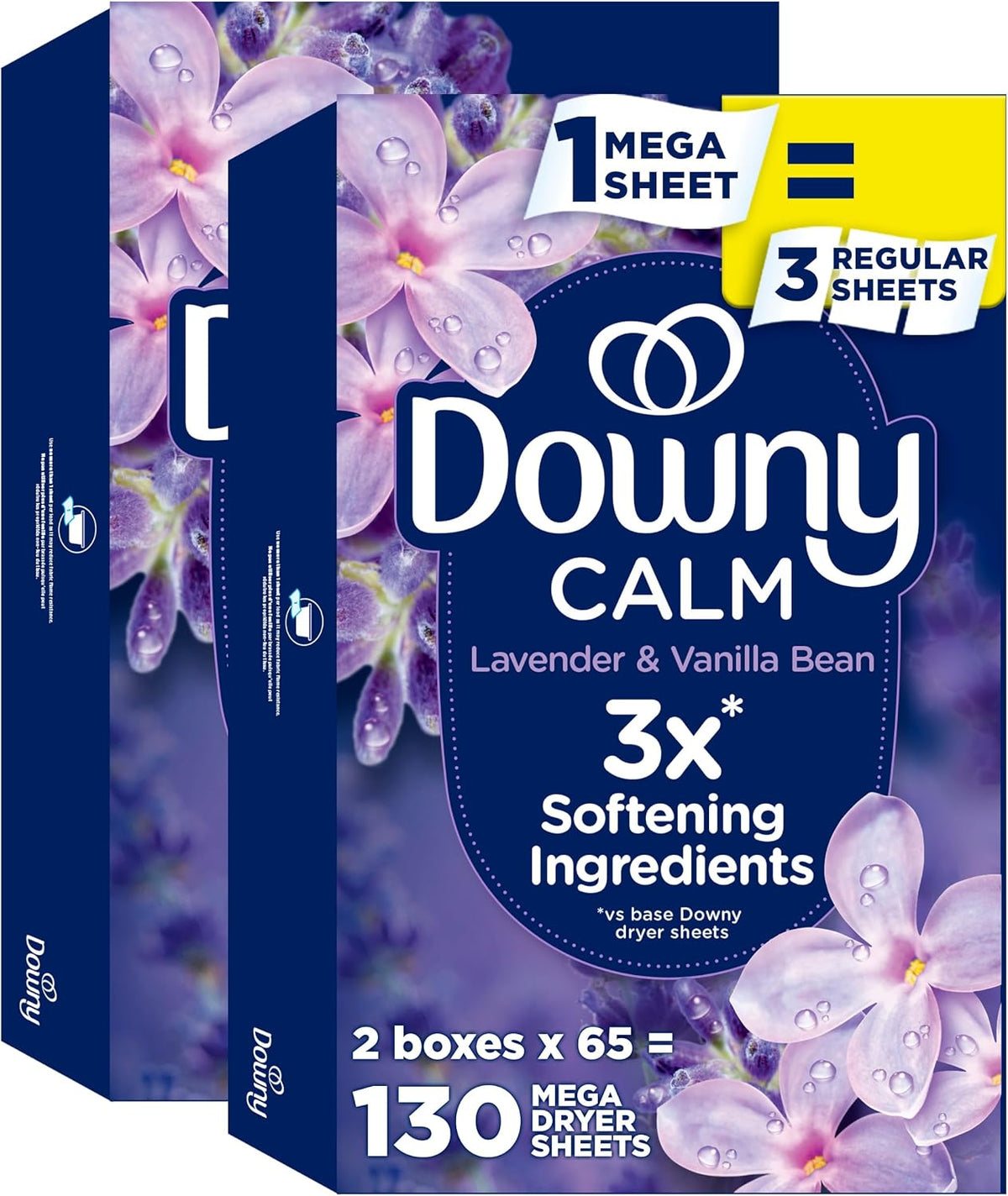 CALM, Mega Dryer Sheets, Laundry Fabric Softener, Lavender and Vanilla Bean, 130 Count