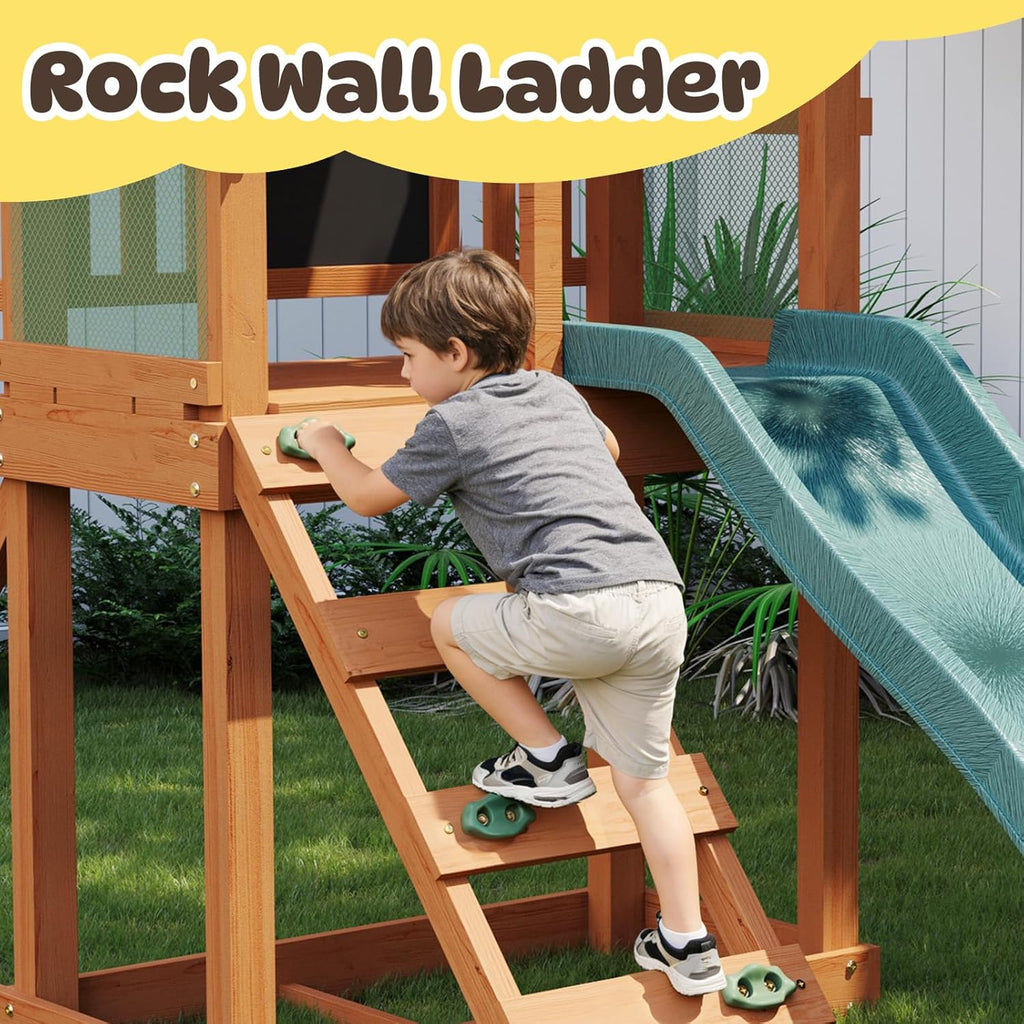 Wooden Swing Sets for Backyard, Outdoor Playset Sets for Backyards, Playground Sets with 6 FT Wave Slide, Play Deck