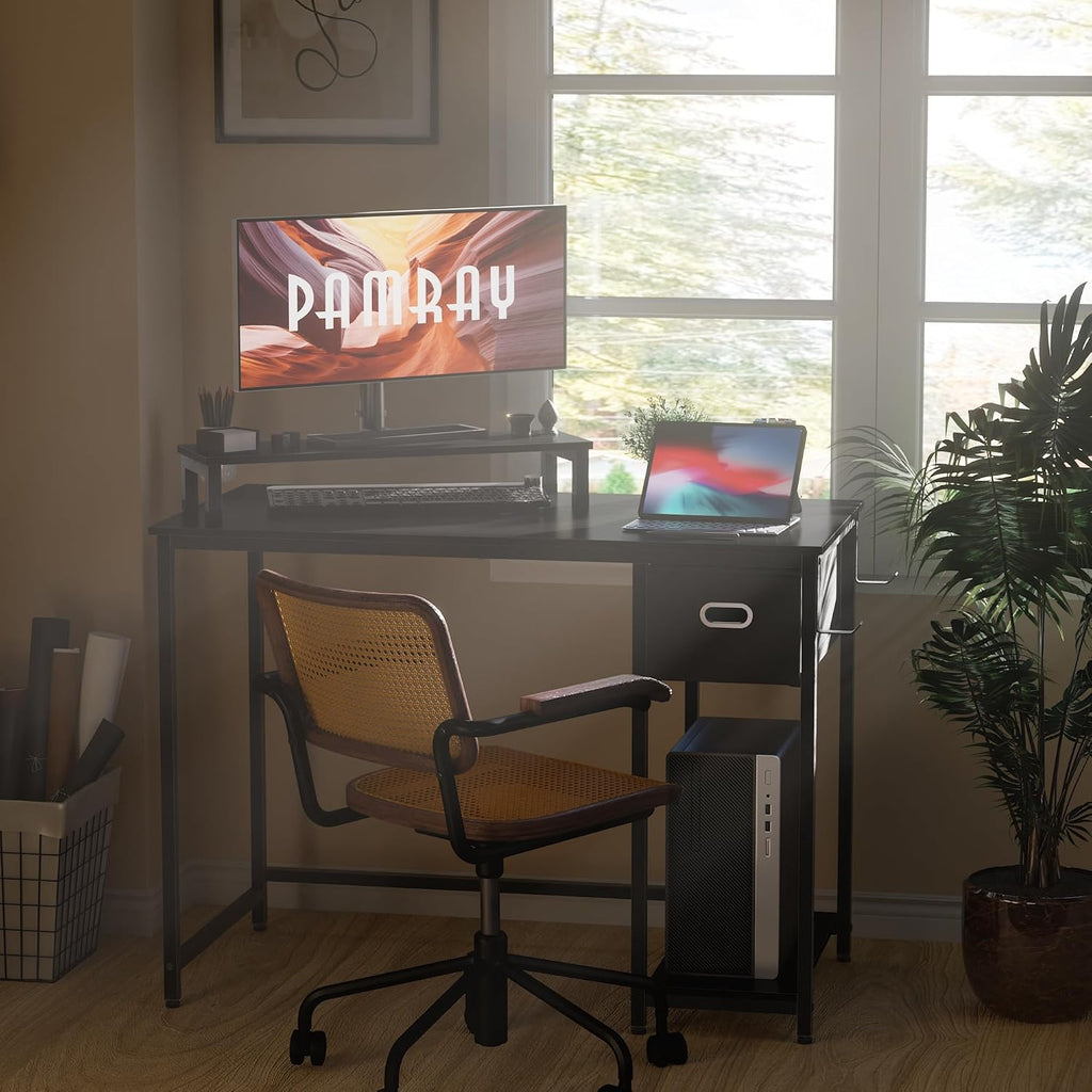39 Inch Computer Desk with Monitor Stand Small Home Office Desks with Non-Woven Storage Drawer for Bedroom Study