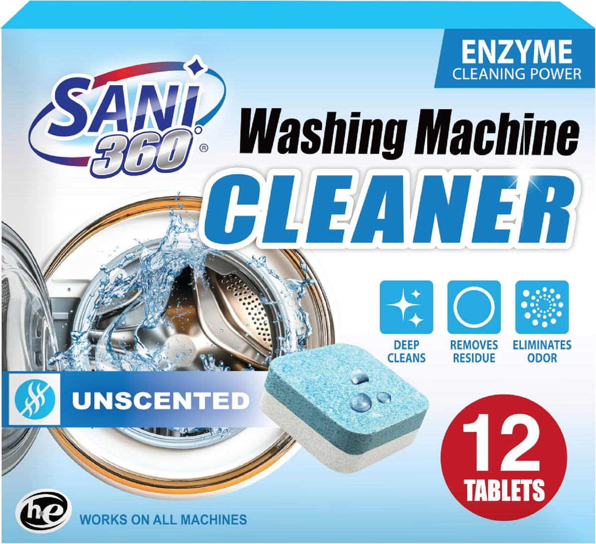 Washing Machine Cleaning tablets, 12 pack is Formulated with Enzyme, Deep Cleans and Deodorizes Front and Top Loading