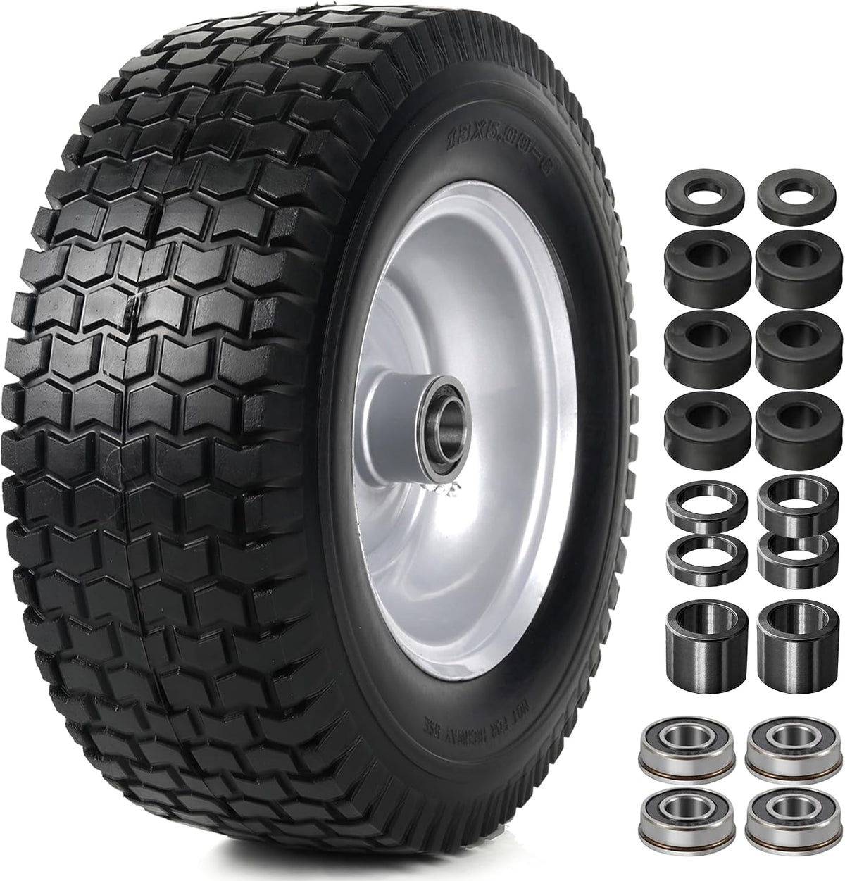 13x5.00-6 Flat-Free Tire and Wheel Assembly, Solid Lawn Mower Tire with 3/4" Bore Bearings & 3"-6.32" Centered Hub