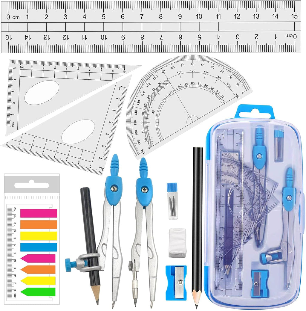 Math Compasses Back-to-School Starter Geometry Kit with 2 Drafting Compasses Protractor Set Squares Ruler and More
