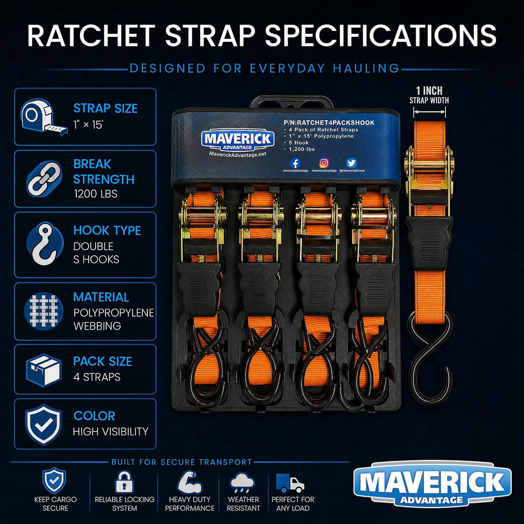 Heavy Duty Ratchet Strap, 1500 Lbs & High Strength Truck Straps (4-Pack) | Corrosion-resistant & Easy to Store