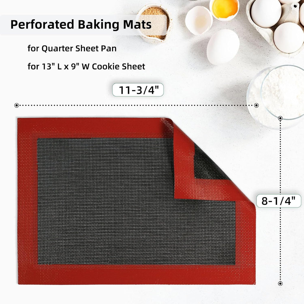 Perforated Silicone Baking Mats for Quarter Sheet, 2 Pcs Non-Stick Eclair Baking Mats for 9x13 Cookie Sheet, Reusable