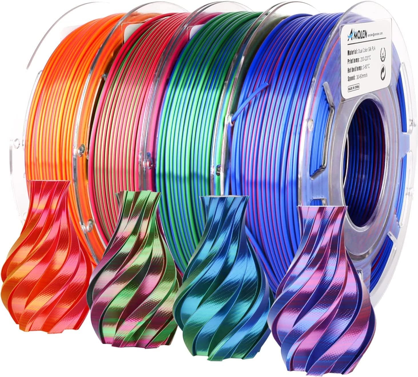 Silk PLA 3D Printer Filament Bundle, Shiny Dual Color Filament 1.75mm Pack, Multi Color Change 3D Printing Filament