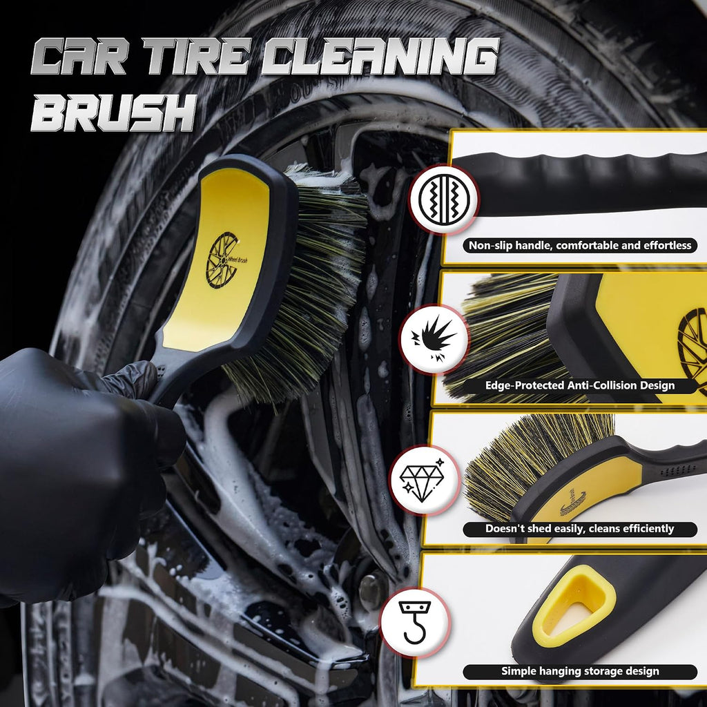 Wheel & Tire Brush Set, 2 Pack Car Wheel Brush & Tire Cleaner Brushes | Soft Bristle Rim Brush, Stiff Tire Scrub