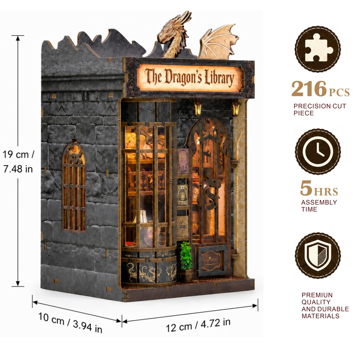 Dragon Library Book Nook Kit, DIY Dollhouse Booknook Bookshelf Decor