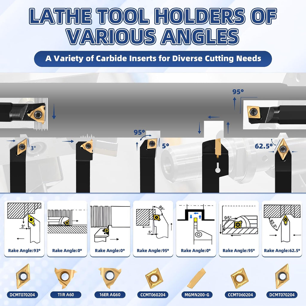 21-Pcs Indexable Lathe Tool Set with 7PCS 1/2" 12mm Shanks Turning Tool Holders and 14PCS Carbide Inserts for Turning, Grooving, Threading, Boring