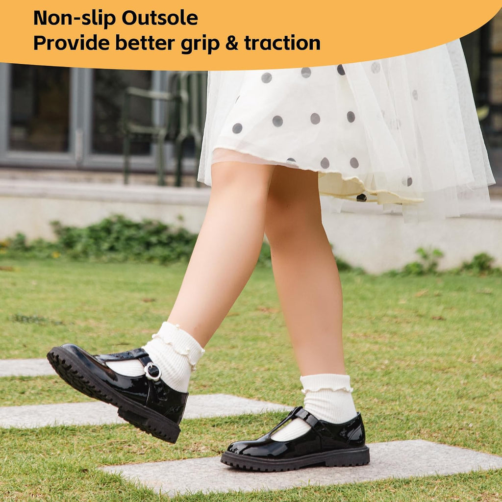 Girls School Uniform Shoes Mary Jane Flats,Low Heel Princess Hook and Loop Dress Shoes for School Party