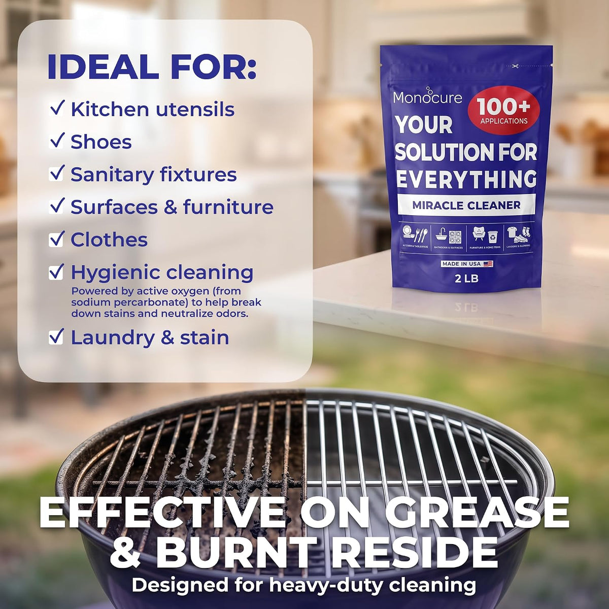 Miracle Cleaner - Multipurpose Oxygen Bleach Powder with Sodium Percarbonate - Detergent Cleaner for Bathroom