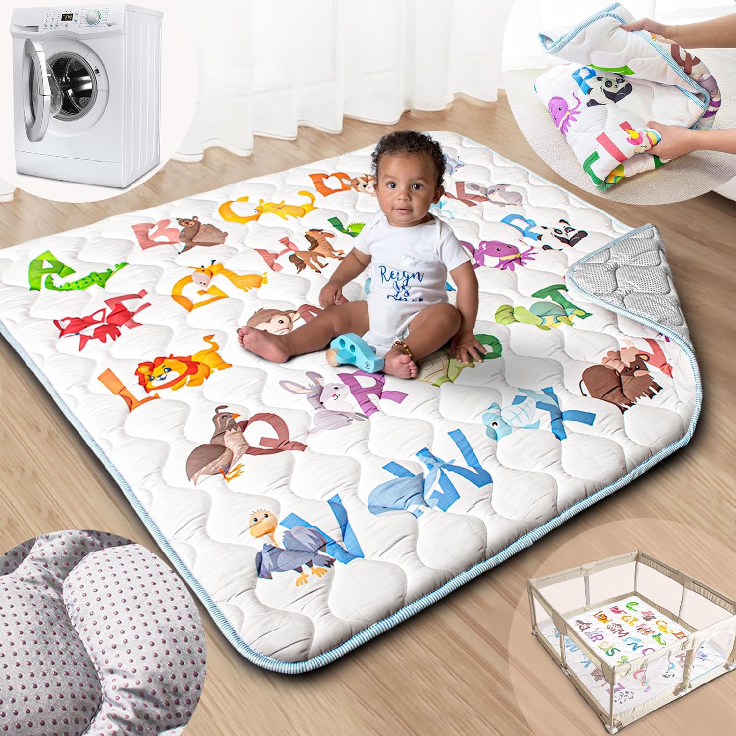 Baby Play Mat, 50x50 Playpen Mat with Machine Washable | Activity Mat with Upgraded Anti-Slip Bottom, Super Soft