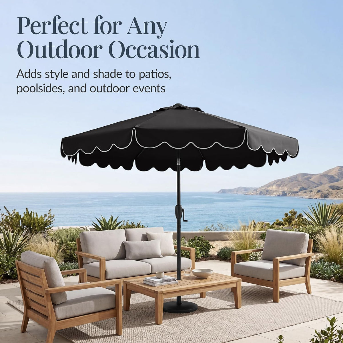 9ft Patio Market Umbrella with Scallop Trim, UV-Fade-Resistant 210g Canopy, Crank & Tilt, Wind Vent, Heavy-Duty Frame