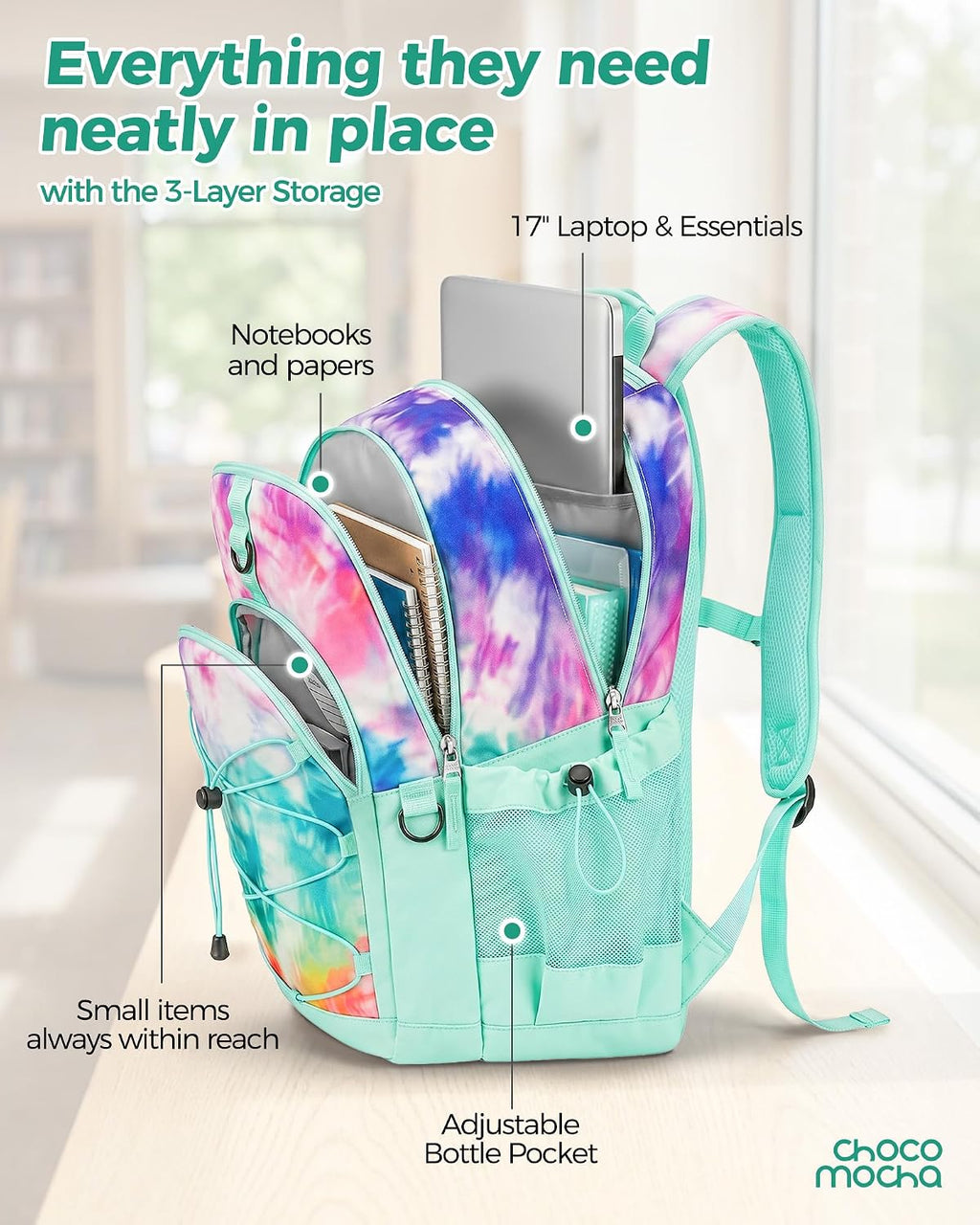 Girls School Backpack Set, Mint Girls Backpack and Lunch Box Set 3 PCS (18 Inch Backpacks