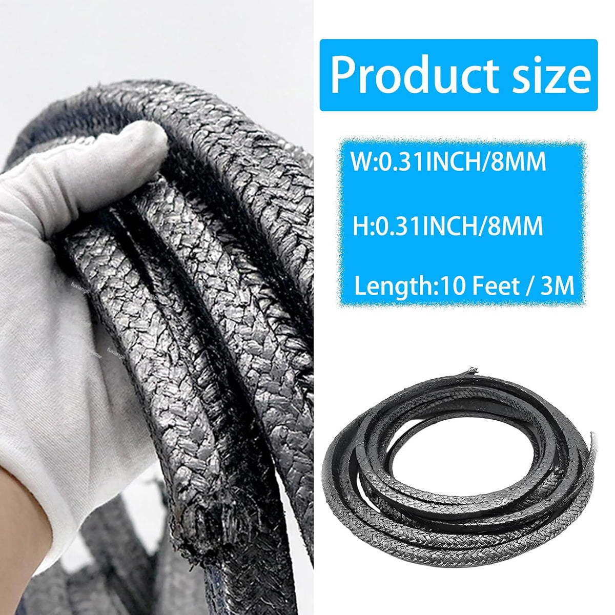 Flexible Graphite Braided Compression Packing ，for Pump Valve or Mechanical Seal 5/16”x5/16”，10 feet