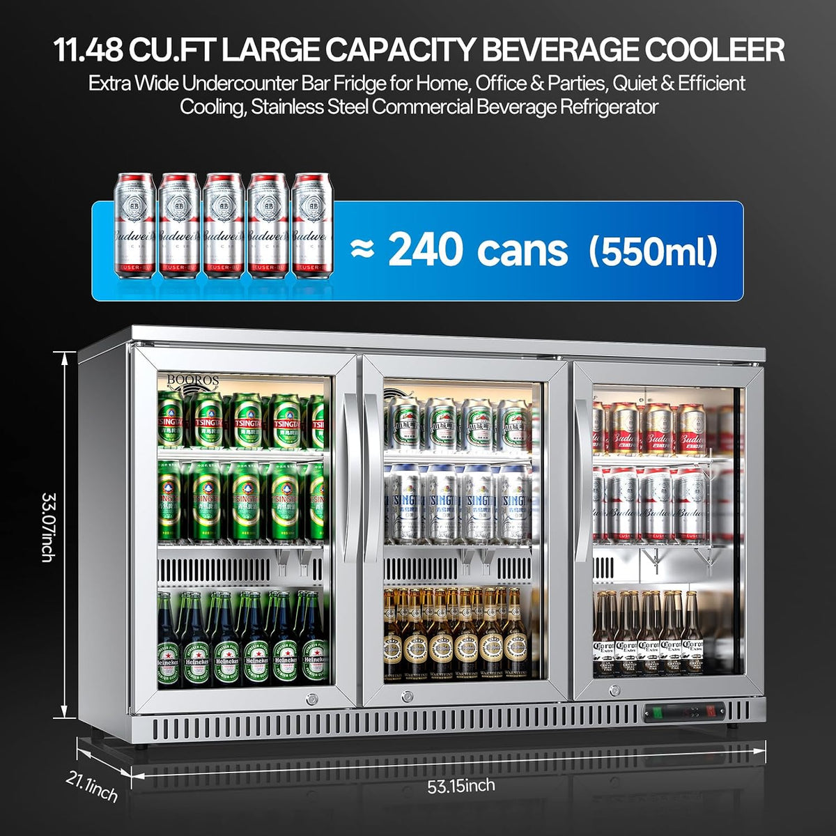 3-Glass Door Back Bar Cooler, 11.48 Cu.Ft Under Counter/Freestanding