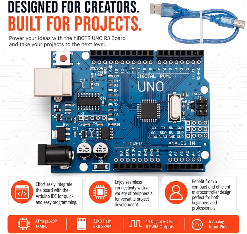 Arduino UNO R3 Board, ATmega328P, 16MHz, USB Cable