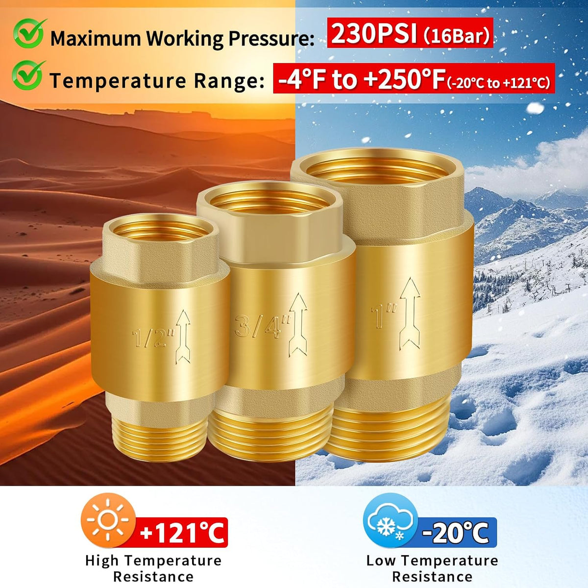 Boltigen 1" Brass Check Valve, NPT Spring One-Way Backflow Preventer