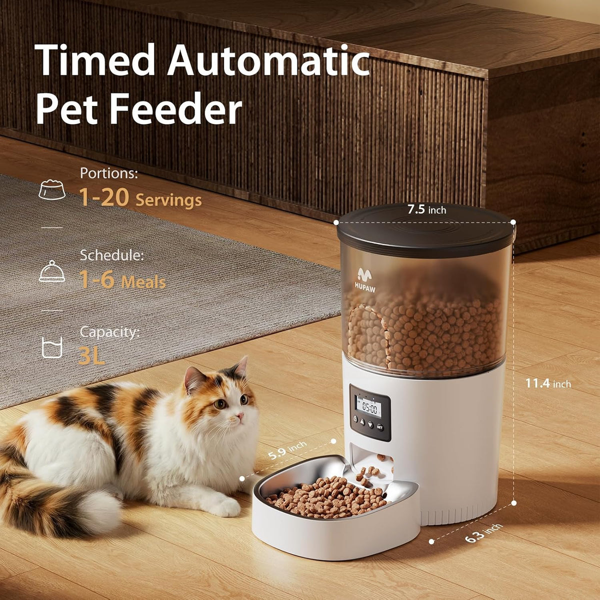 Automatic Cat Feeder, 3L Timed Pet Dry Food Dispenser with Clog-Free Design, Auto Feeder for Cats, 1-6 Meals Per Day