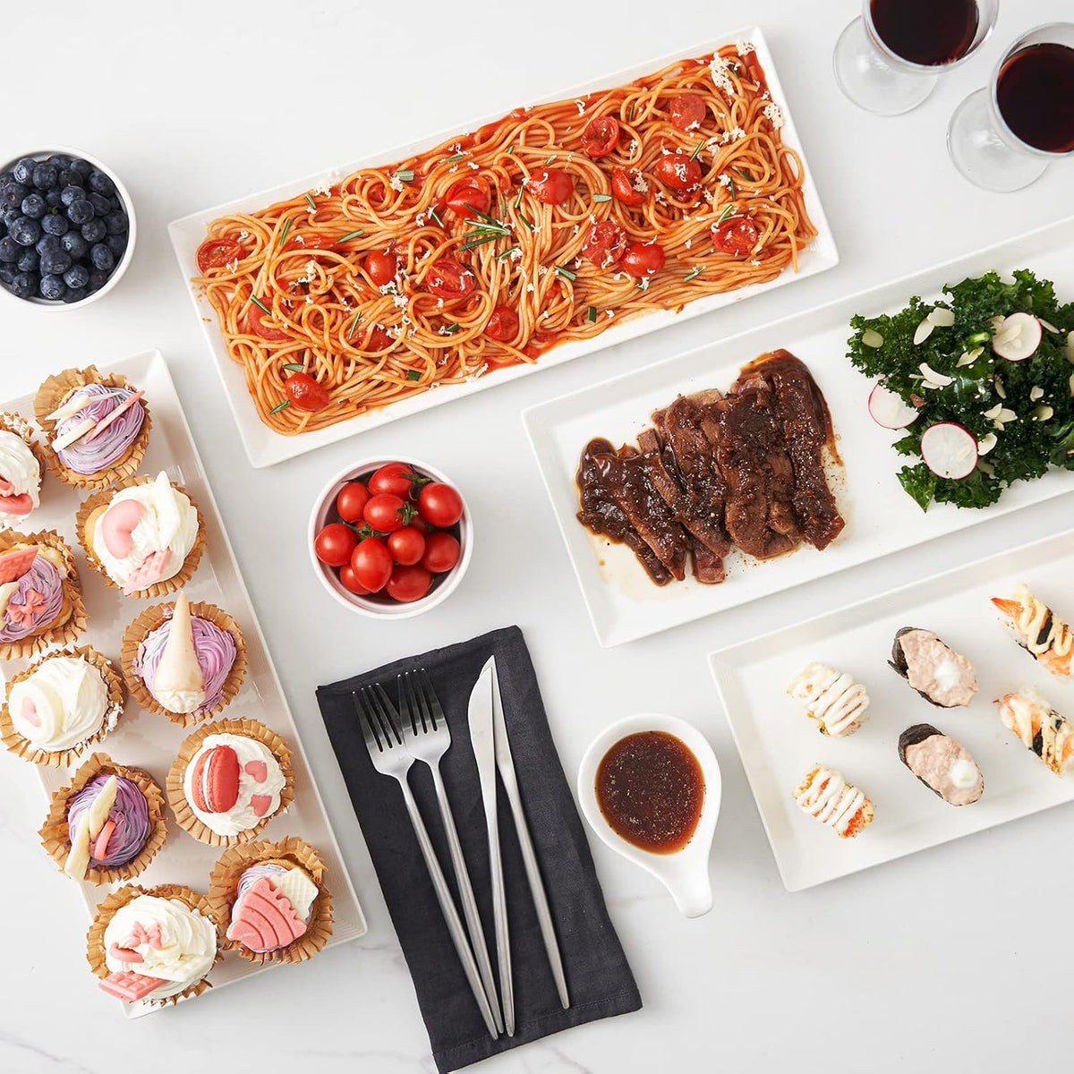 14.5" Rectangular Plates Set of 4 - Long Serving Trays for Sushi, Pasta, Chips, Appetizer, Cake - White Ceramic