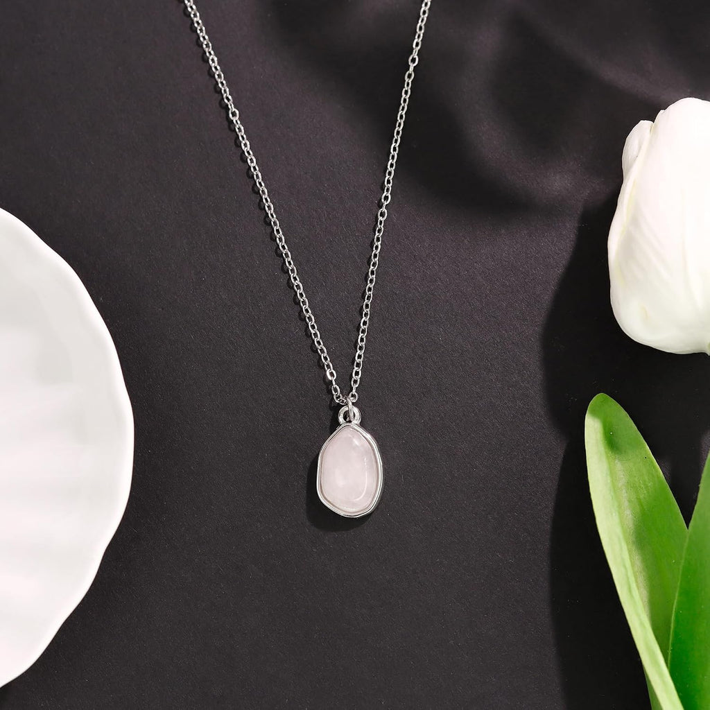 Gemstone Pendant Necklace, Crystal Necklace Teardrop Pendant Necklace Stone Bezel Pendant Necklace Stainless Steel