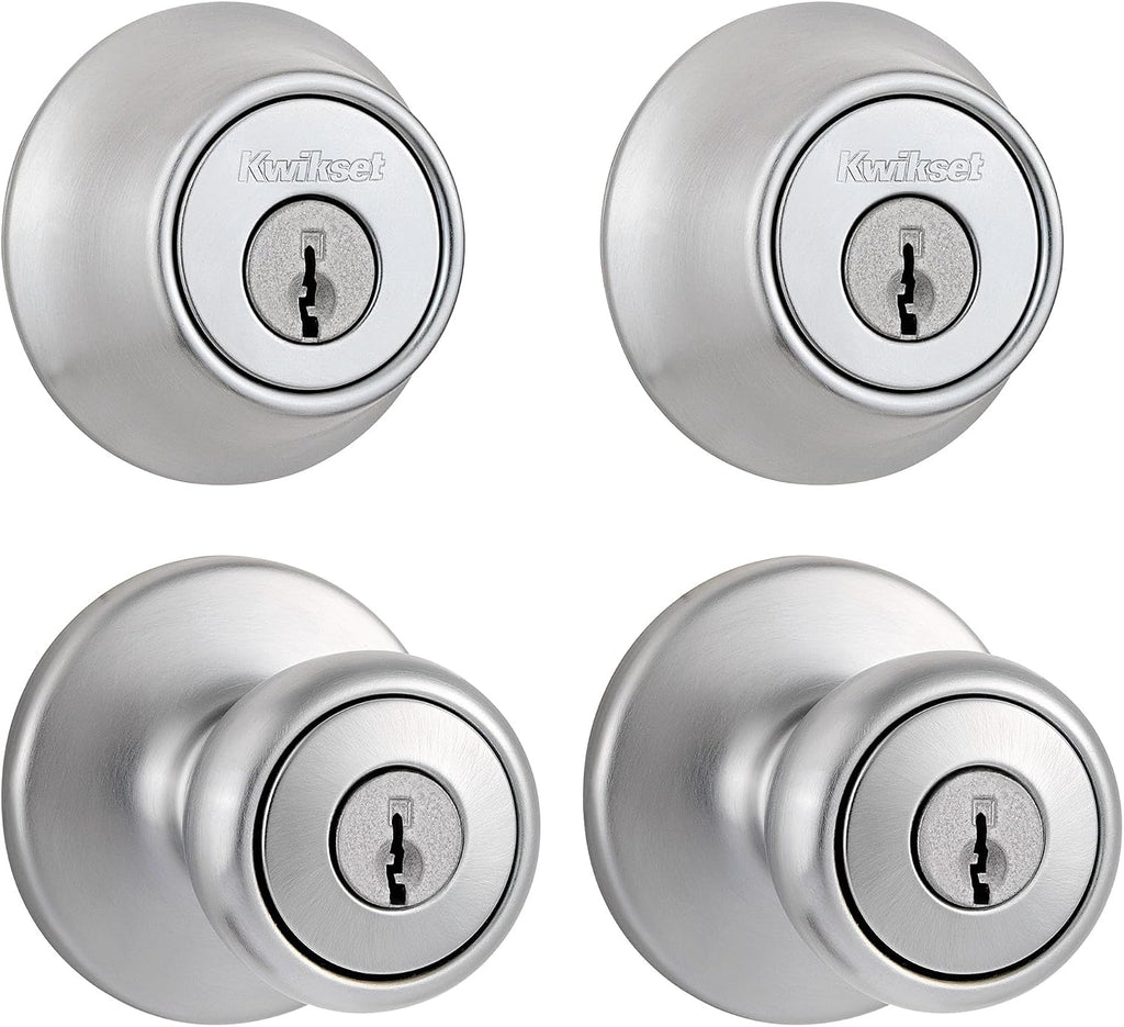 Tylo Front Door Knob and Deadbolt Set, Entry Knob Combo Project Pack Exterior with Interior Door Knob, Satin Chrome