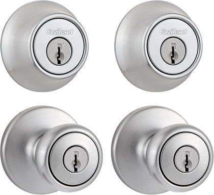 Tylo Front Door Knob and Deadbolt Set, Entry Knob Combo Project Pack Exterior with Interior Door Knob, Satin Chrome