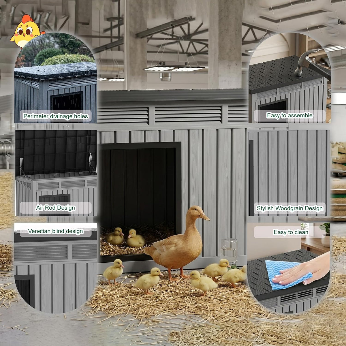 Chicken Coop with Hydraulic Air Rod, Resin Duck Coop with Elevated Floor and Air Vents, Duck House, Backyard Poultry