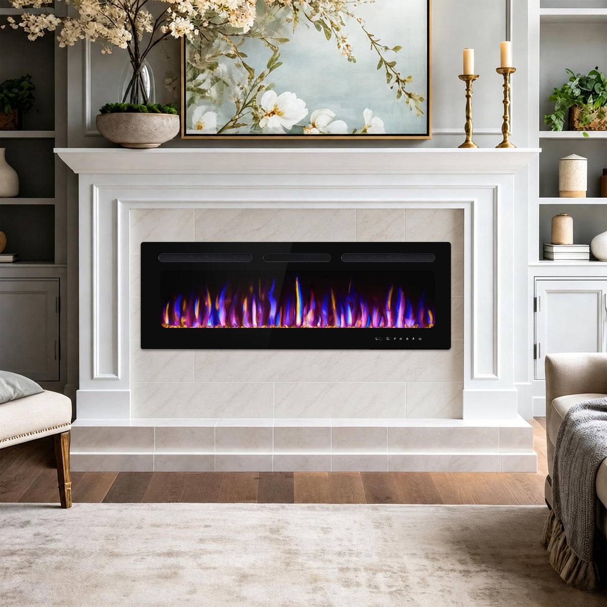 50" Electric Fireplace Wall Mounted and Recessed 750/1500w W/Remote Control