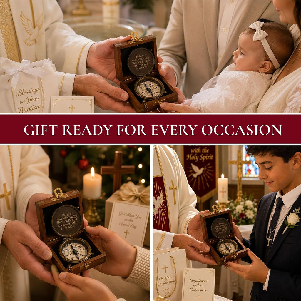 Baptism Gifts for Boys - Engraved Working Handmade Compass with Scripture - Religious, Christian, Catholic