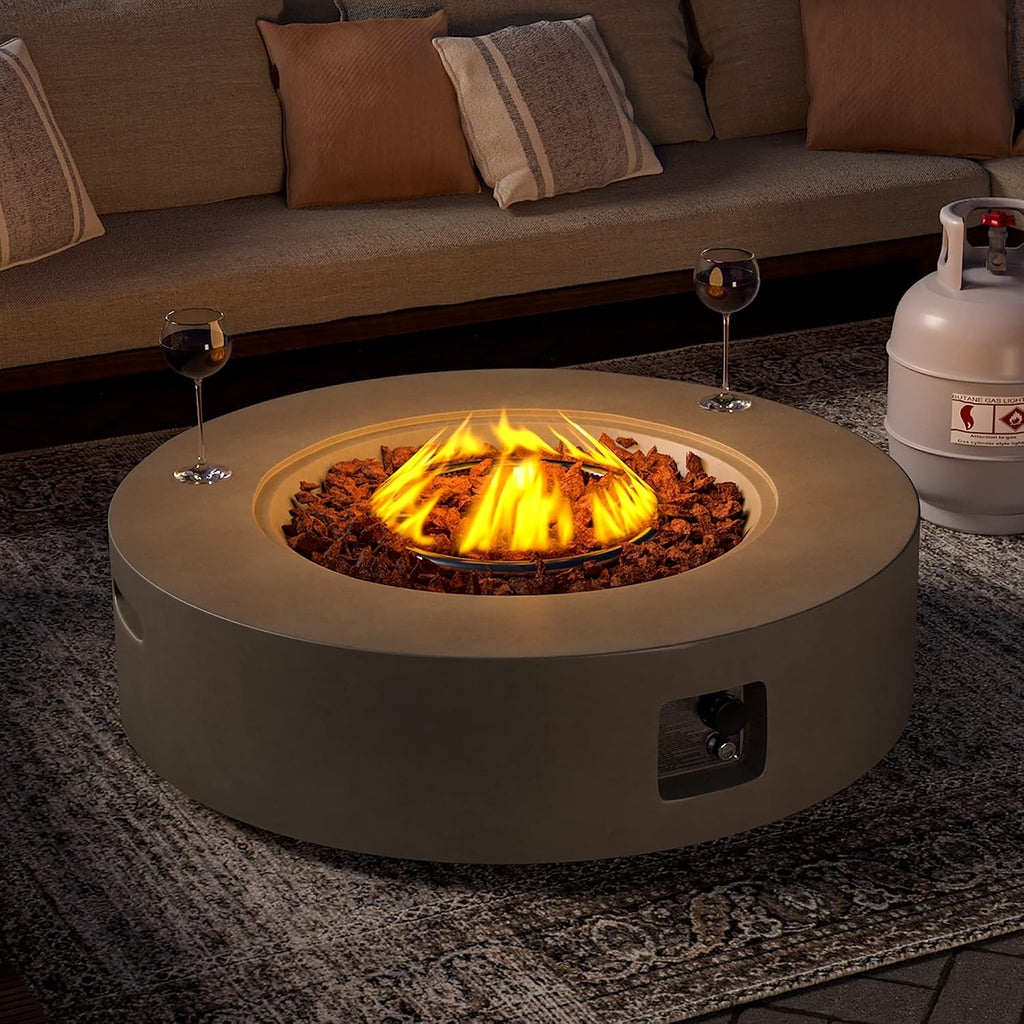Outdoor 42" Propane Fire Pit Table, 50000 BTU Gray Patio Fire Table, Concrete Round Gas Fire Table w Lava Rocks