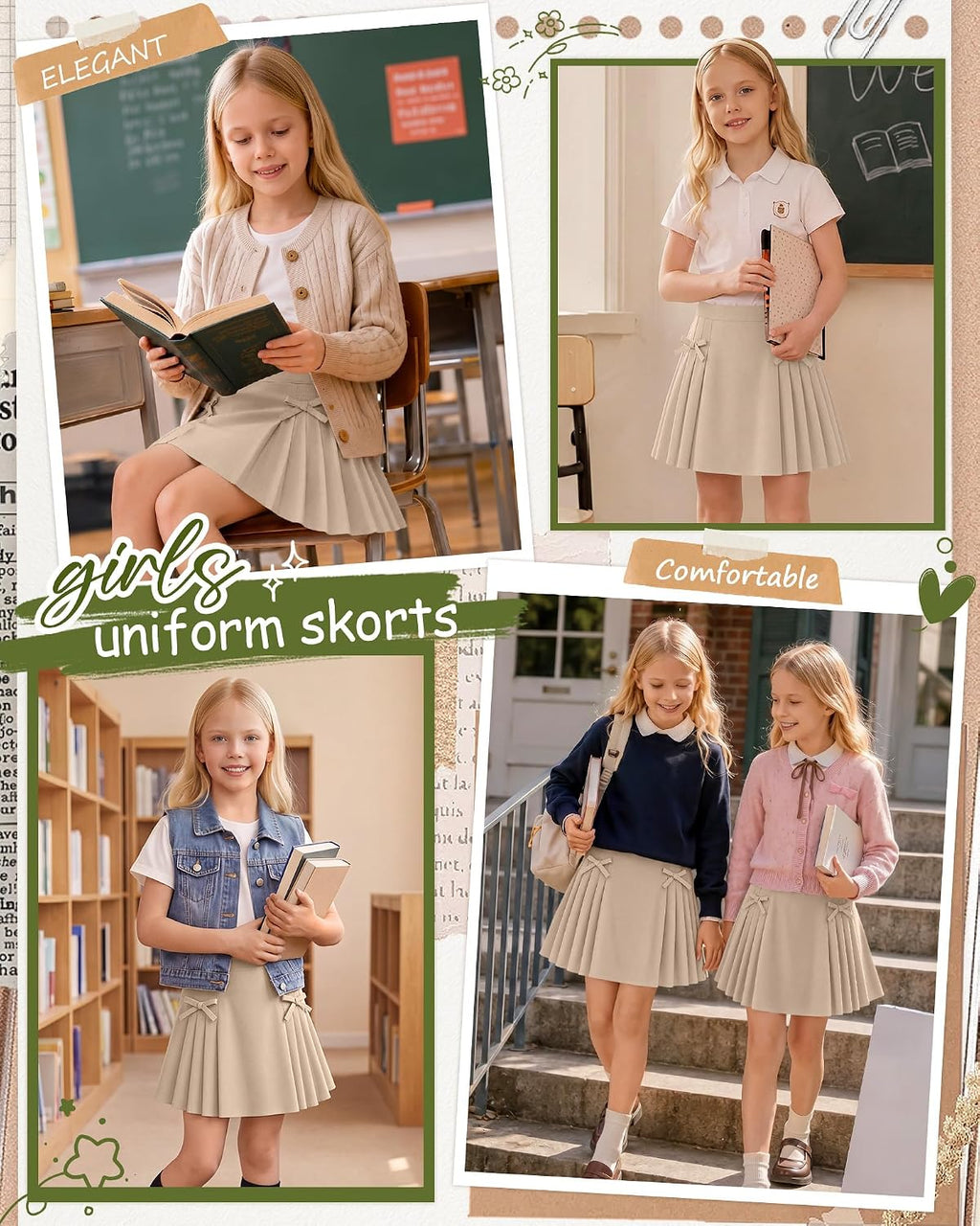 Girls Pleated School Uniform Skorts, Khaki, 13-14 Years | Elastic Waist, Bow Detail, Pleated Skirt Look, Built-in