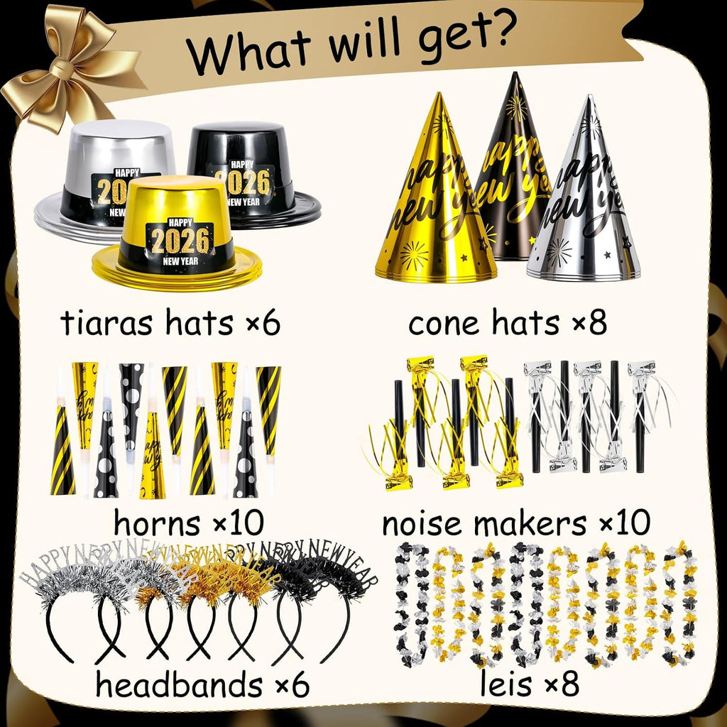 2026 New Years Eve Party Supplies for 20 Guests, 48 Pcs New Year Eve Party Hats and Horns, Headband, Tattoos