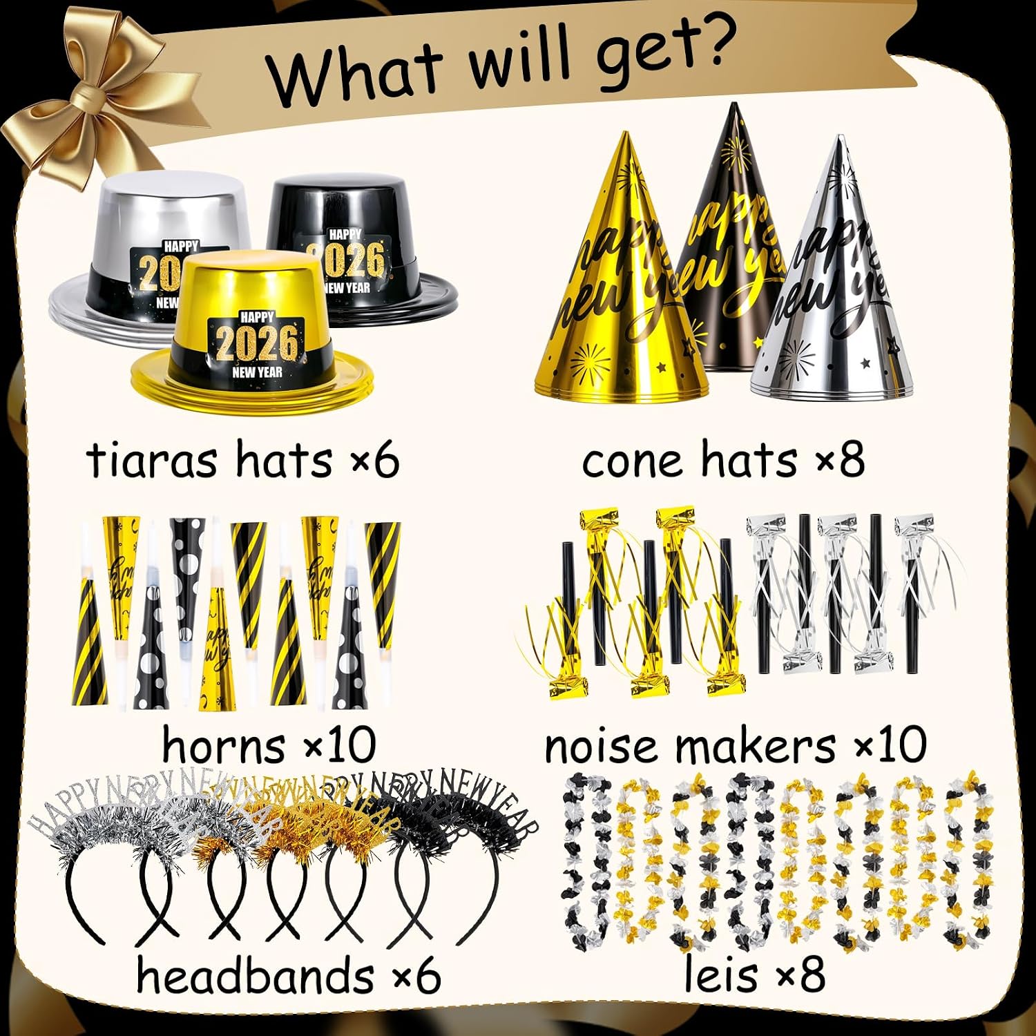 2026 New Years Eve Party Supplies for 20 Guests, 48 Pcs New Year Eve Party Hats and Horns, Headband, Tattoos