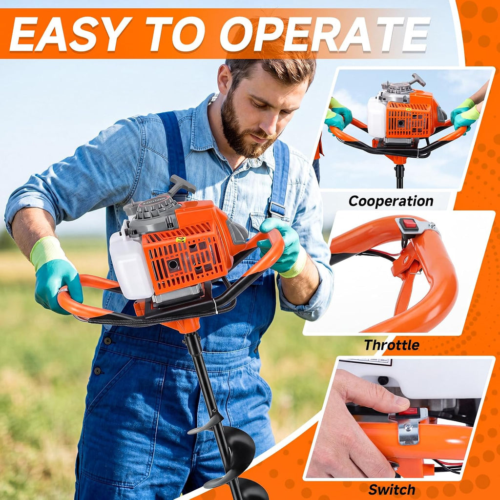 72CC 2 Stroke Earth Auger Post Hole Digger Gas Powered with 6"/8" Bit & Ext | 62" Max Digging Depth | 2 Auger Drill