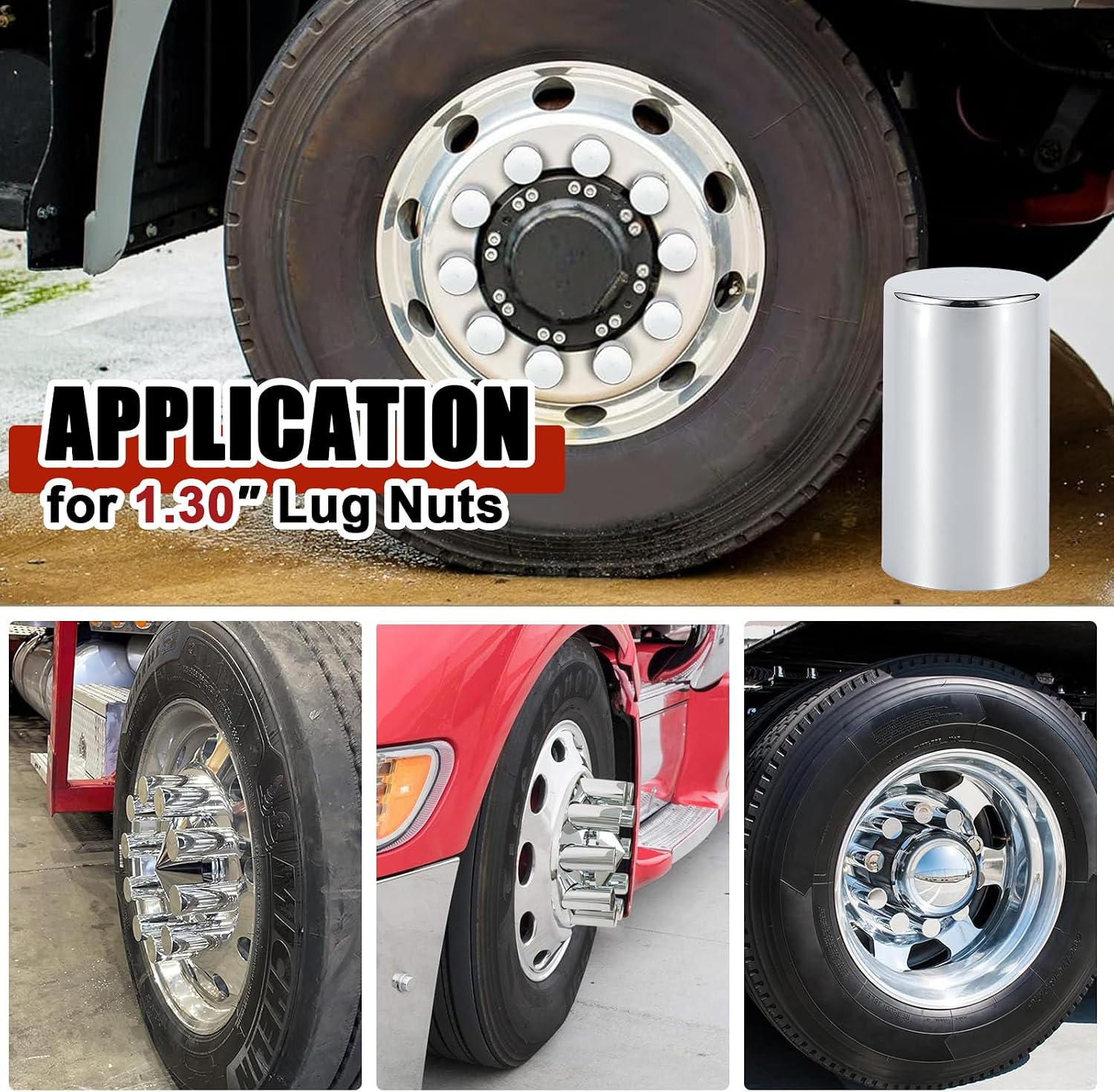 33mm x 3 1/2" Lug Nut Cover ABS Chrome Plastic Cylinder Nut Cover, Push-On fit Hub Piloted Wheels, Complete Axle