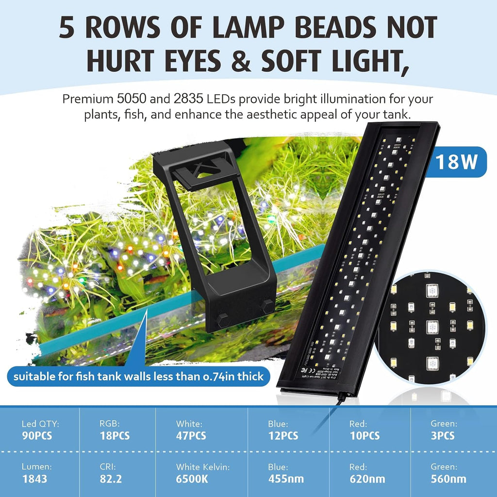 Clip On Full Spectrum Aquarium LED Light, 18W Day-Night Dual Timer Sunrise-Day-Sunset-Moon Fish Tank Light