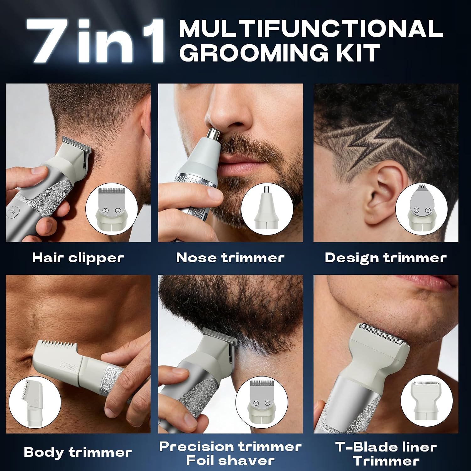 Beard Trimmer for Men, 6-in-1 Men's Grooming Kit,IPX7 Waterproof Wet/Dry, 2-Speed electric razor for men, Easy-Swap