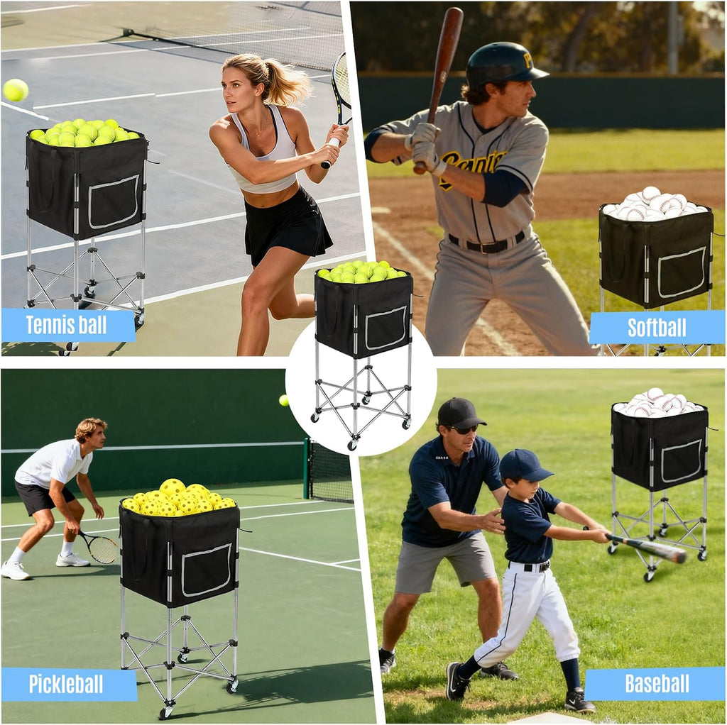 Tennis Ball Hopper with Wheels, 180 Capacity Ball Cart, Black