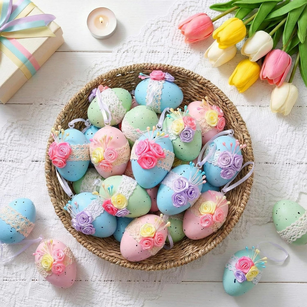 16 Pcs Easter Tree Ornaments Pastel Easter Egg Hanging Ornaments Plastic Floral Speckled Eggs Bowl Vase Fillers