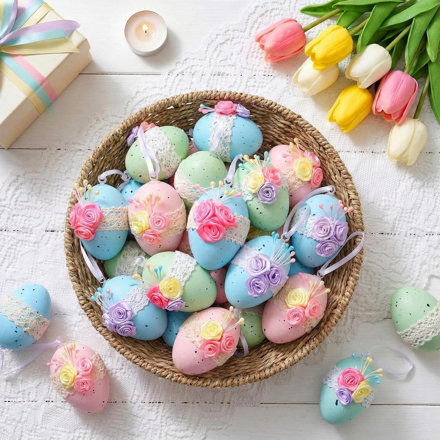 16 Pcs Easter Tree Ornaments Pastel Easter Egg Hanging Ornaments Plastic Floral Speckled Eggs Bowl Vase Fillers