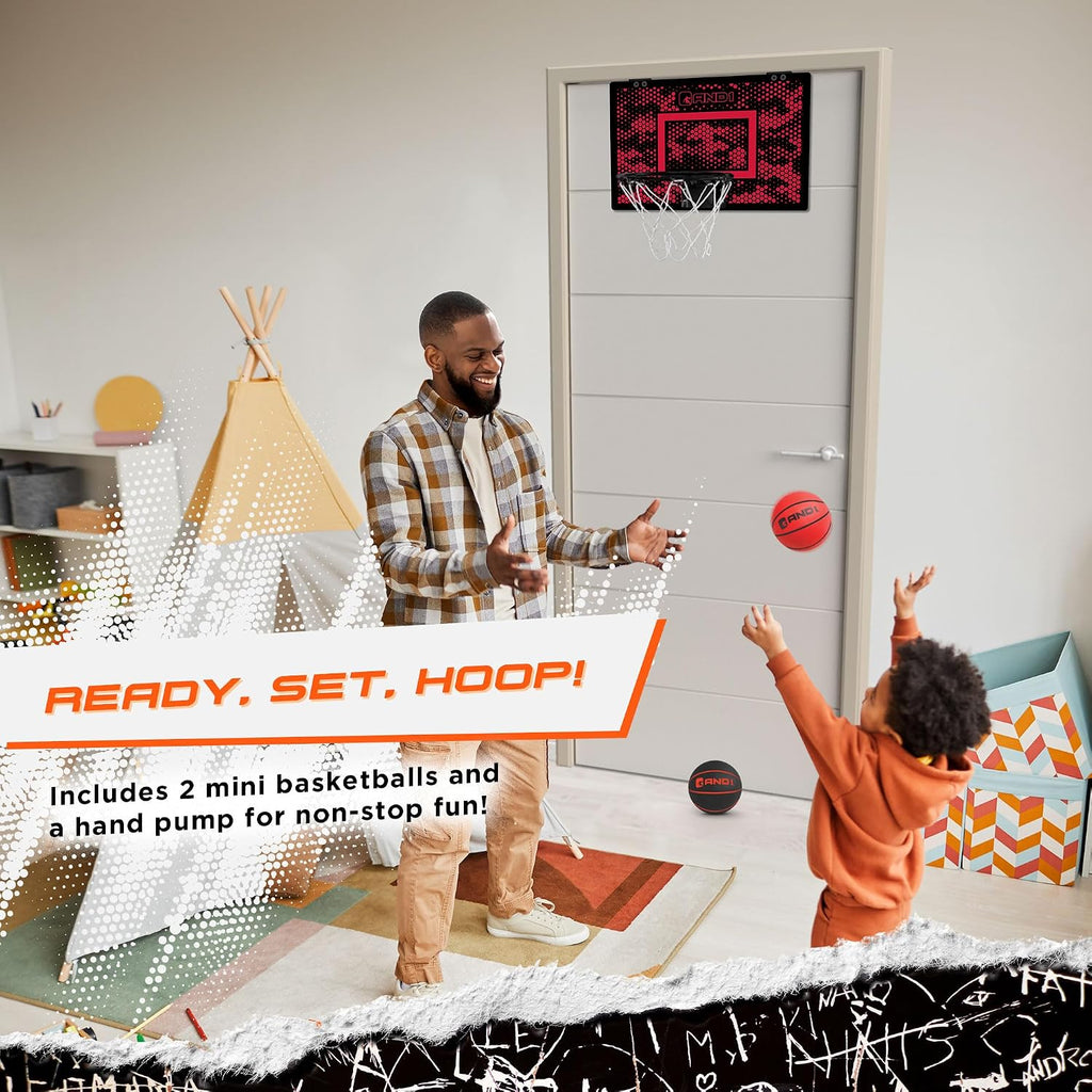 Over the Door Mini Basketball Hoop: 18x12 Shatterproof Backboard, 2 Mini Basketballs, and Hand Pump Included
