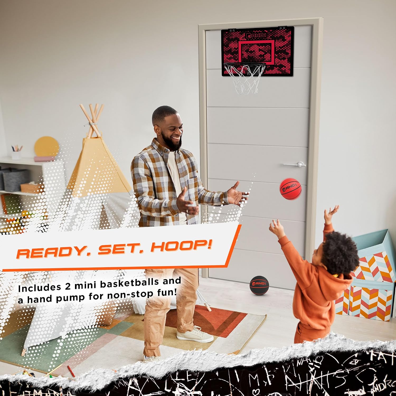 Over the Door Mini Basketball Hoop: 18x12 Shatterproof Backboard, 2 Mini Basketballs, and Hand Pump Included