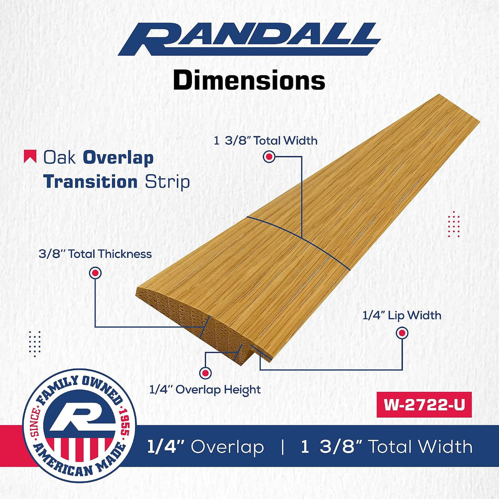 3 FT – 1 3/8" Wide Solid Oak Overlap Transition Strip with 1/4" High Overlap – Seamless Reducer Molding for Floor