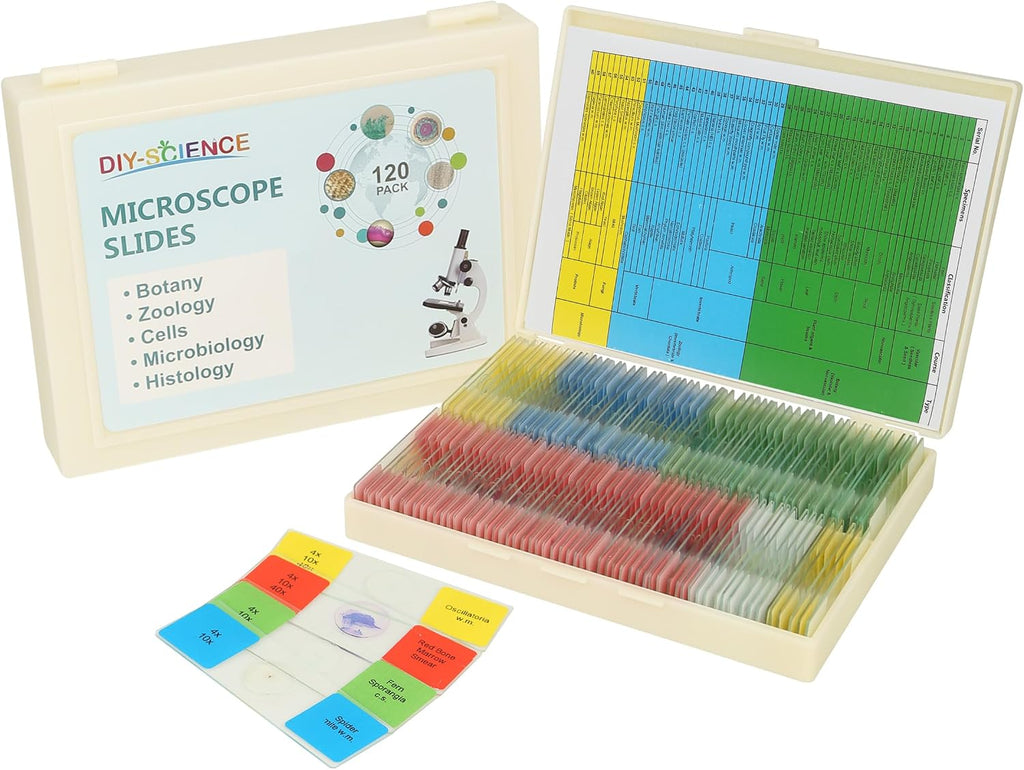 120 Microscope Slides with Specimens Set, Lab-Grade Prepared Microscope Slides for Kids Adults